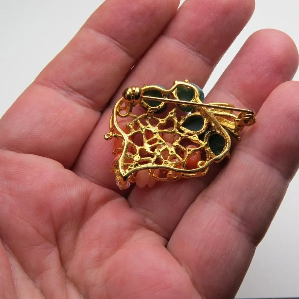 18k Coral flowers &Jade Leaves Brooch